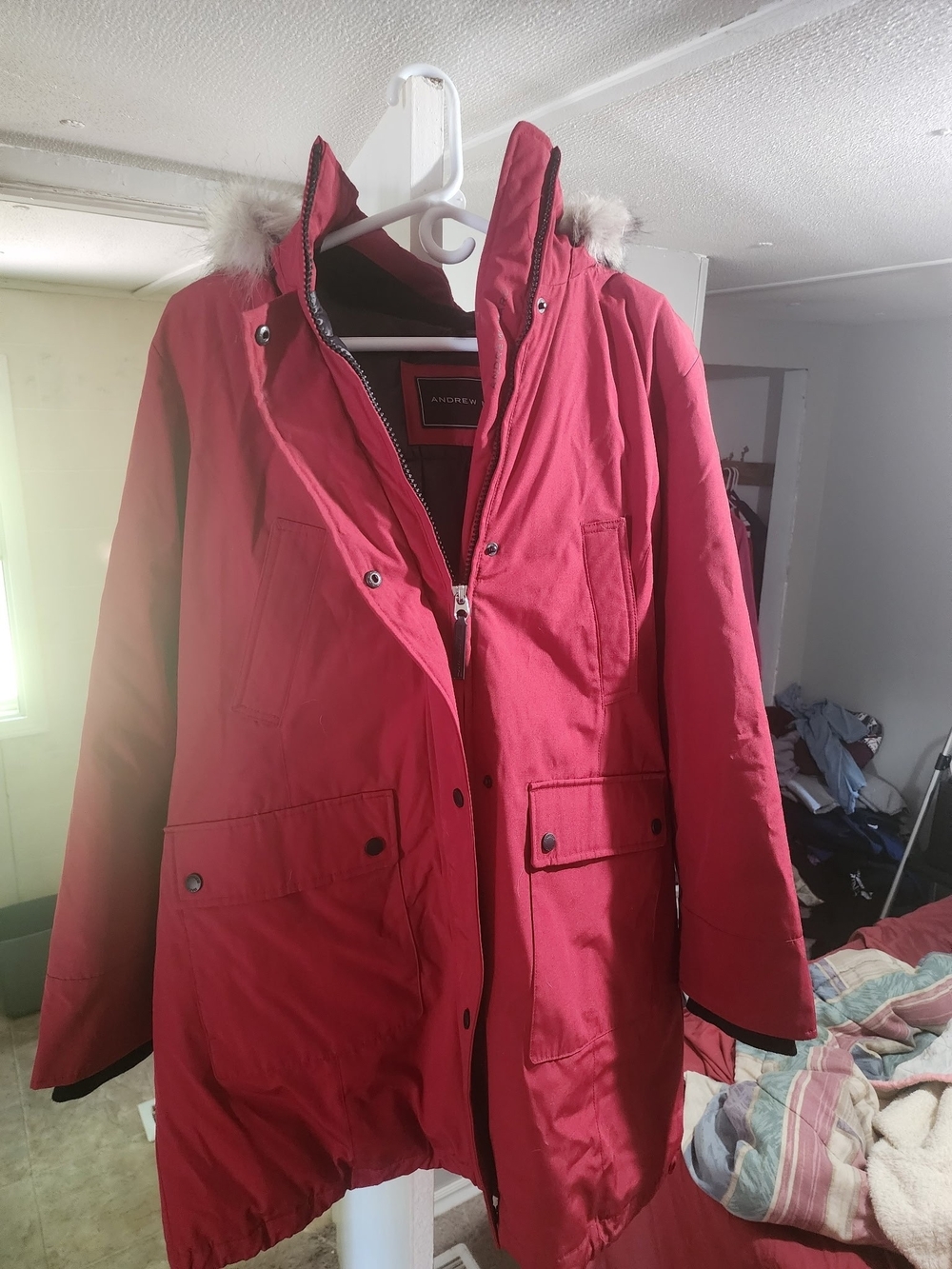 Andrew Marc Red Puffer Parka with Faux Fur Trim